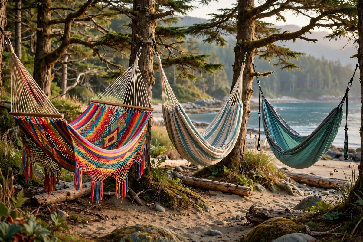 Three handwoven hammocks of different sizes hanging between cedar trees on the BC coast
