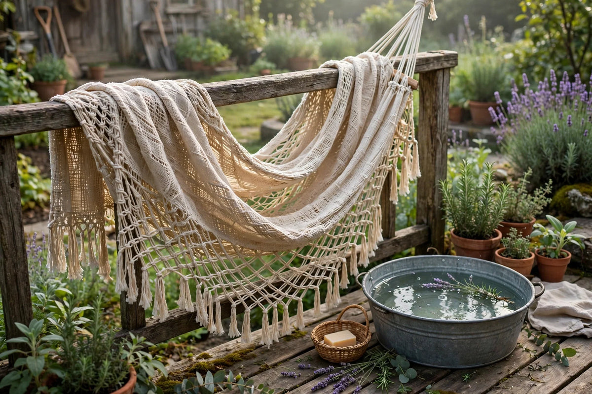 A handwoven hammock airing over a railing beside a wash basin