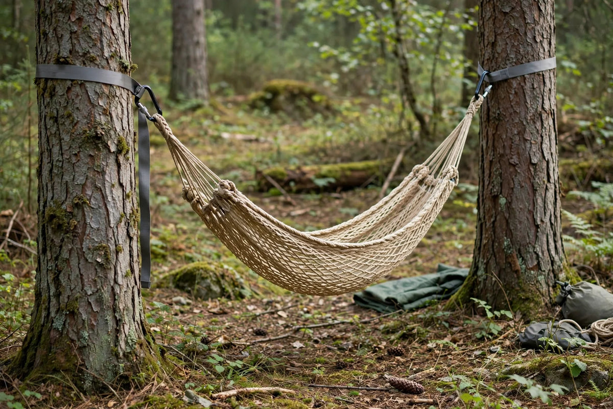 A hammock hung between two trees with wide tree straps