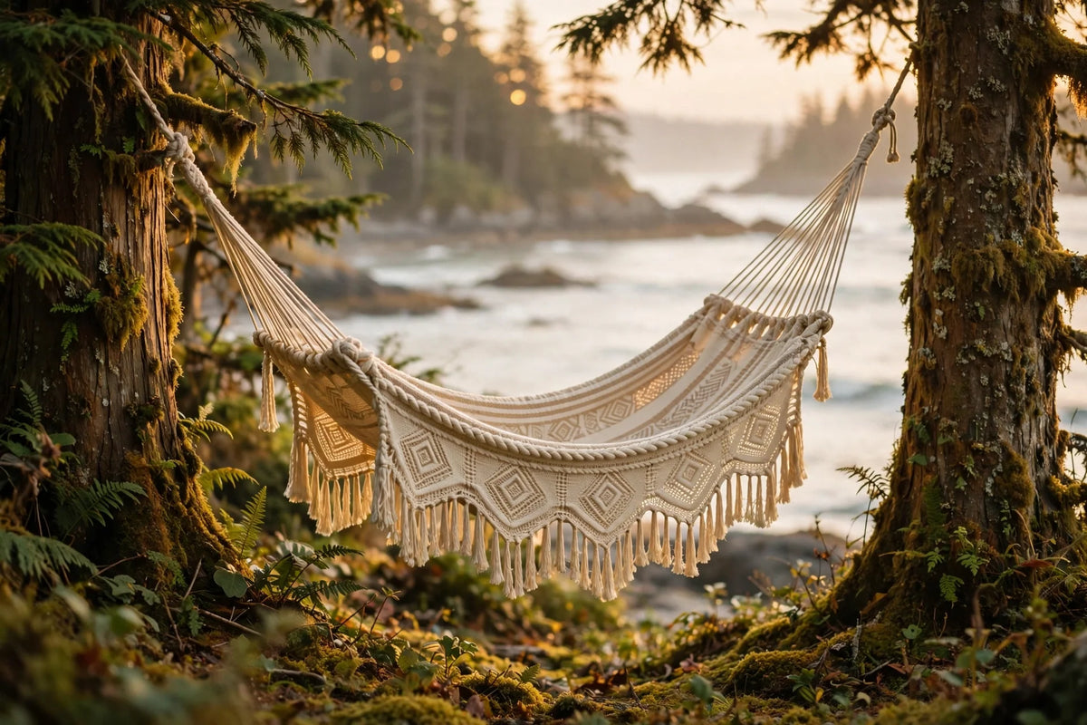 A handwoven hammock hangs between cedar trees at golden hour