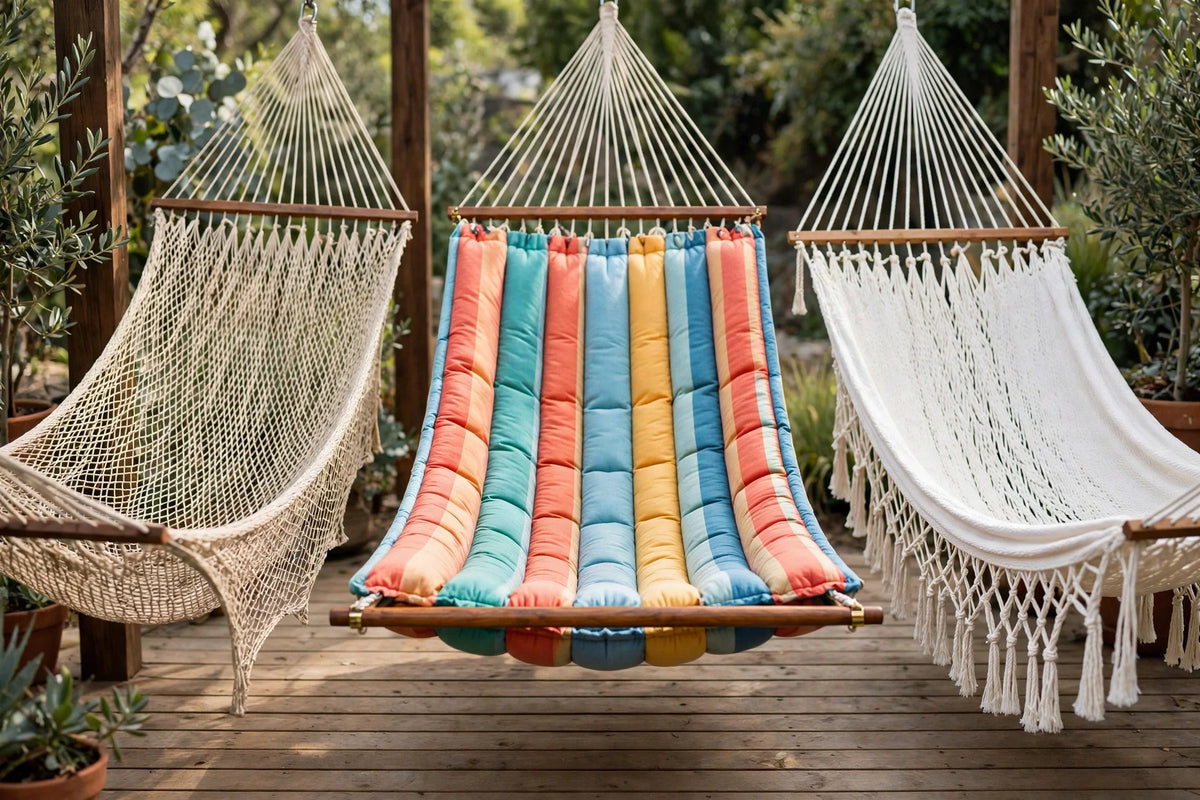 Three hammock styles side by side on a wooden deck