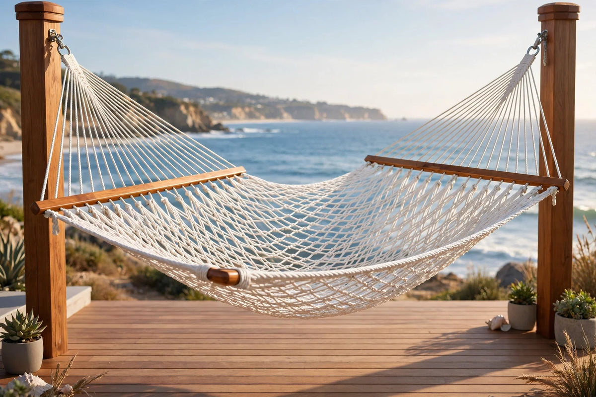 Classic cotton rope hammock with spreader bars hanging between cedar trees