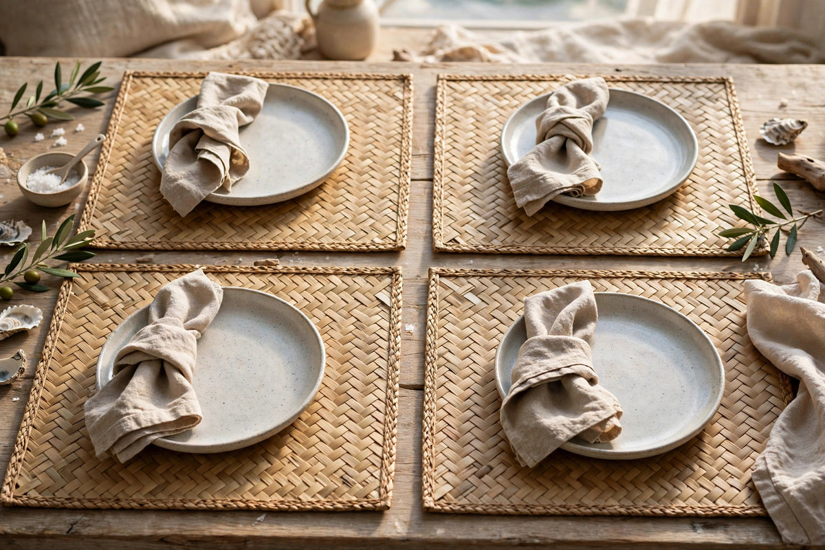 Set of four handwoven placemats from Bali on a dining table in BC