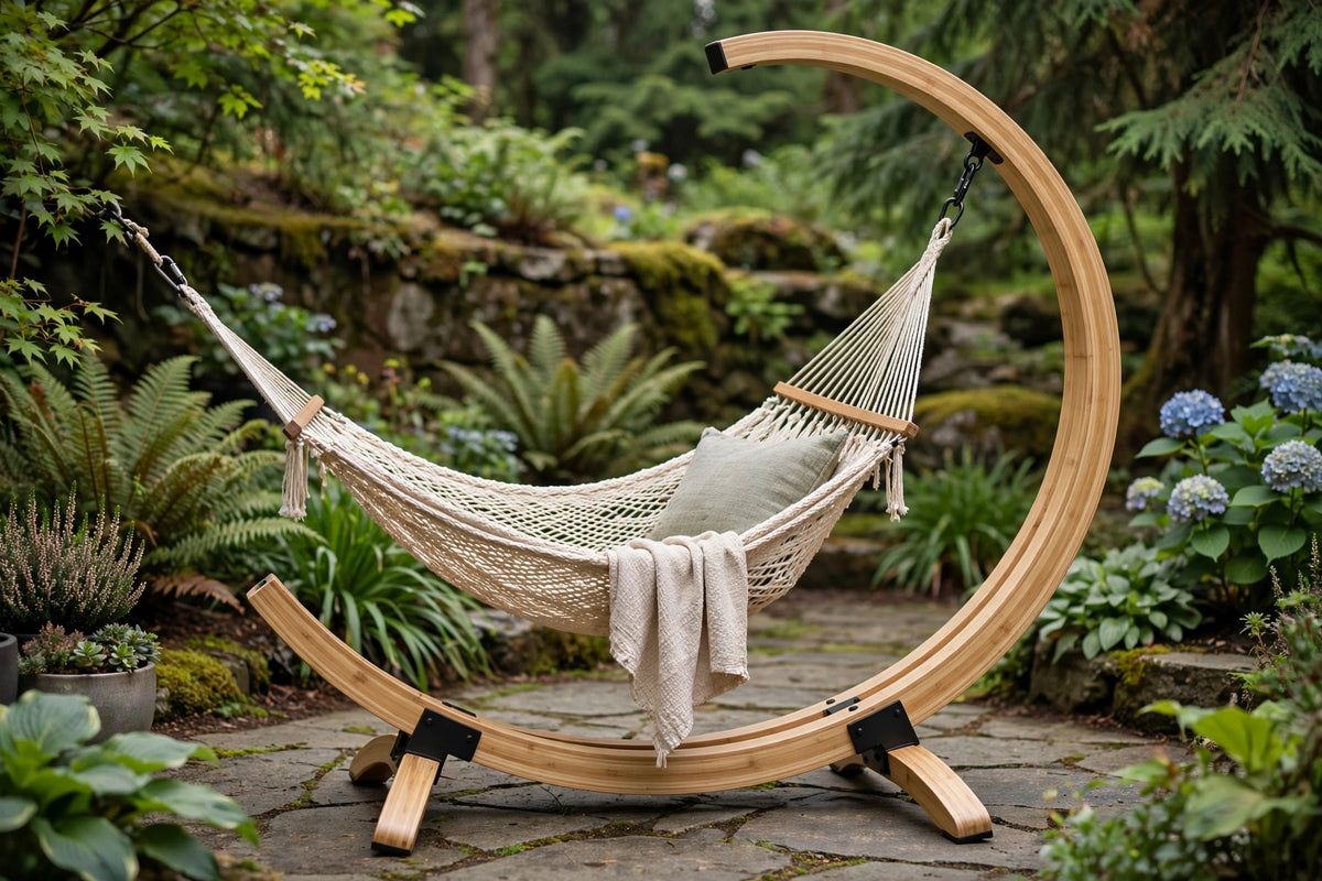 Bamboo arc hammock stand for a single hammock on a stone patio