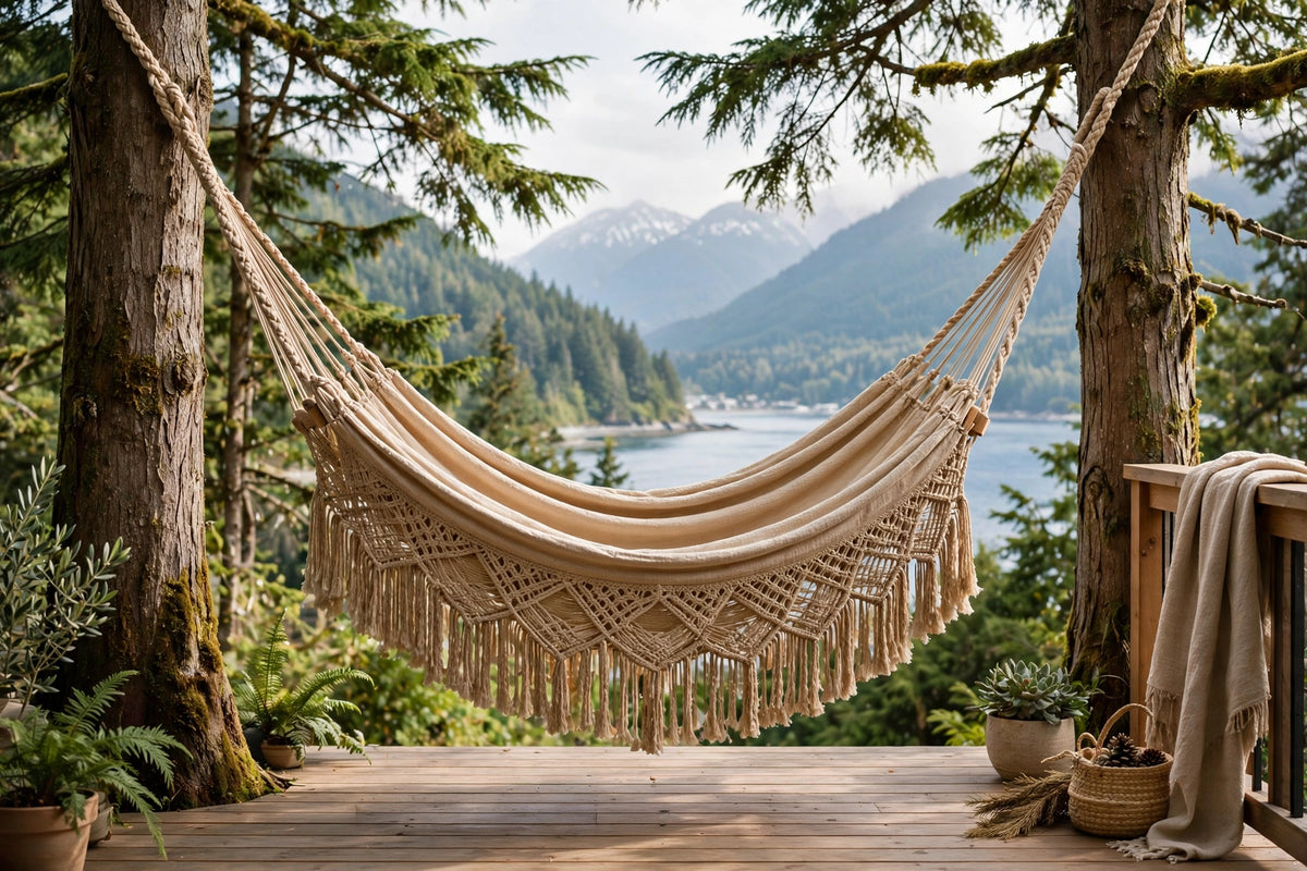 Brazilian single cotton hammock with fringe hanging on a sunny deck