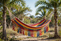 Colombian single hammock in red, yellow and blue woven stripes hanging between trees
