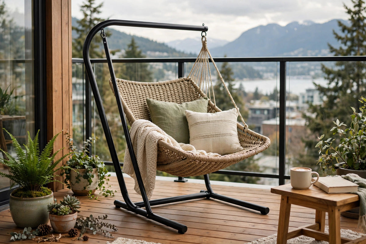 Compact black steel C-frame stand holding a woven hammock chair on a balcony