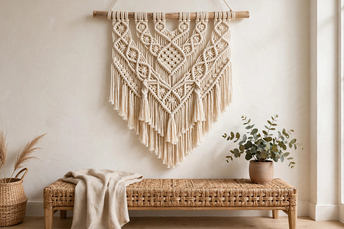Macramé wall hanging in cream cotton cord on a wooden dowel above a bench
