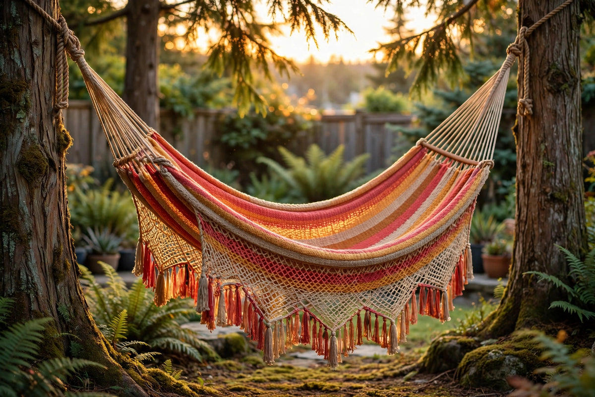 Mayan double hammock in coral and amber Sunset Stripe cotton weave hanging between cedar trees