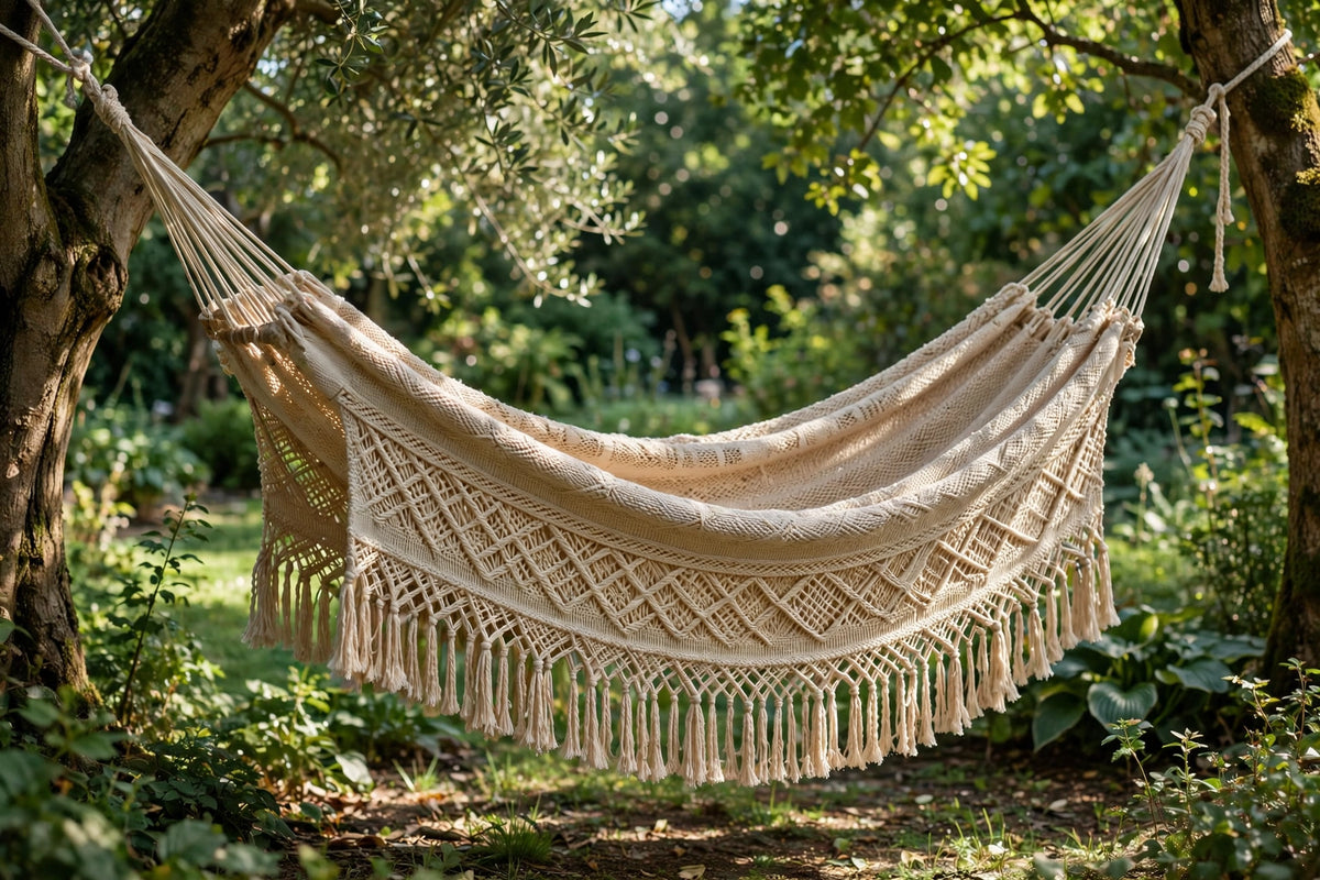Nicaraguan single hammock in natural woven cotton with fringe in a green garden
