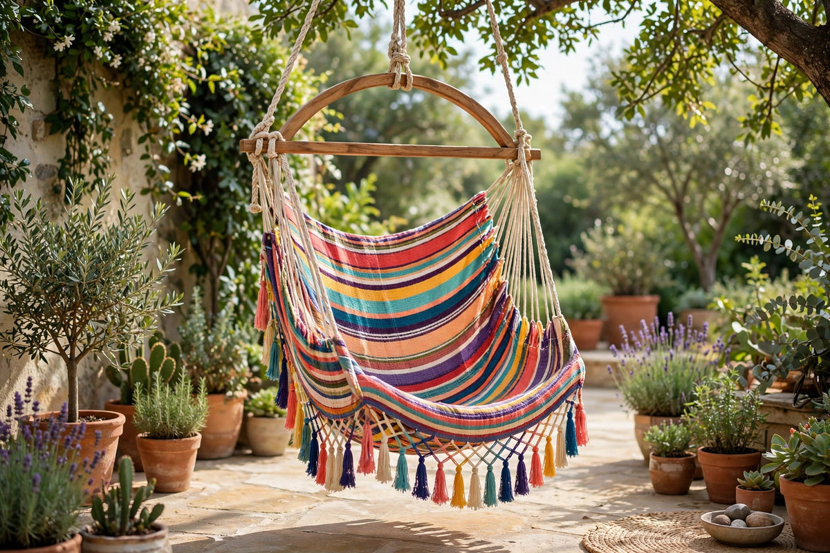 Yucatán hammock chair in striped woven cotton hanging over a garden patio